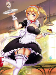 Rule 34 | 1girl, absurdres, apron, blak at, blonde hair, food, frills, garter straps, highres, ice cream, maid, maid apron, maid headdress, original, pudding, puffy sleeves, purple eyes, red footwear, shoes, side ponytail, skirt, solo, sundae, table, thighhighs, tray, wafer stick, wrist cuffs