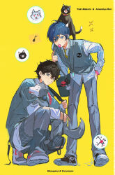 Rule 34 | 2boys, amamiya ren, animal, bag, bag charm, black hair, blowing bubbles, blue hair, cat, character name, charm (object), chewing gum, closed mouth, digital media player, dog, earphones, hair between eyes, hair ornament, hairclip, hand in pocket, highres, koromaru (persona), leaning forward, long sleeves, male focus, morgana (persona 5), multiple boys, multiple views, musical note, ooc (sylyaoh), pants, persona, persona 3, persona 5, school bag, shirt, shoes, simple background, sneakers, sparkle, squatting cowgirl position, standing, sweater vest, yellow background, yuuki makoto (persona 3)