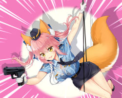 Rule 34 | 10s, 1girl, animal ear fluff, animal ears, bad id, bad pixiv id, black bra, blue ribbon, bra, breasts, cleavage, fang, fate/extella, fate/extra, fate (series), female service cap, fox ears, fox tail, gloves, gun, hair ribbon, handgun, hat, highres, jiushi shijiu, large breasts, miniskirt, necktie, official alternate costume, open mouth, pencil skirt, pink hair, police, police hat, police uniform, policewoman, ribbon, see-through, skirt, solo, sweat, tail, tamamo (fate), tamamo no mae (fate/extra), tamamo no mae (police fox) (fate), underwear, uniform, weapon, white gloves
