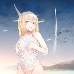 Rule 34 | 1girl, blonde hair, breasts, commentary request, completely nude, cookie (touhou), covering privates, covering breasts, fairyfloss, hair between eyes, horns, ibuki suika, large breasts, light rays, long hair, looking at viewer, mesh, navel, nude, open mouth, out-of-frame censoring, purple eyes, shiny skin, solo, touhou, upper body, yamin (cookie), zoom layer