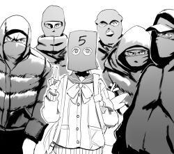 Rule 34 | 1girl, 5boys, angry, backpack, bag, bag over head, balaclava, bandana, bandana over mouth, blue archive, bow, bowtie, cardigan, down jacket, greyscale, hifumi (blue archive), highres, hood, hood up, hooded jacket, jacket, long sleeves, looking at viewer, monochrome, multiple boys, paper bag, sailor collar, simple background, sweat, tearing up, upper body, v, yblndr