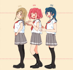 Rule 34 | &gt;:p, 3girls, ^ ^, black footwear, blue hair, breasts, brown hair, calf socks, closed eyes, fang, flat chest, furrowed brow, hair bun, hand on own hip, height chart, height difference, hover hand, kunikida hanamaru, kurosawa ruby, large breasts, long hair, looking at viewer, love live!, love live! sunshine!!, multiple girls, necktie, pantyhose, pink eyes, red hair, red neckwear, school uniform, short hair, short sleeves, short twintails, sidelocks, simple background, single hair bun, small breasts, smile, thighhighs, tsushima yoshiko, twintails, uranohoshi school uniform, white (waterwhite), yellow eyes