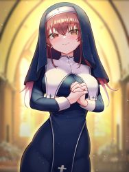 Rule 34 | 1girl, absurdres, backlighting, blue dress, blurry, blurry background, blush, breasts, brown eyes, church, closed mouth, cowboy shot, depth of field, dress, habit, heart, heart-shaped pupils, heterochromia, highres, hololive, houshou marine, houshou marine (nun), indoors, kano (wi3028), large breasts, long hair, long sleeves, looking at viewer, nun, own hands clasped, own hands together, pantyhose, red eyes, red hair, smile, solo, symbol-shaped pupils, twintails, virtual youtuber