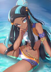 1girl armlet bare_arms bare_legs belly_chain black_hair blue_eyeshadow blue_hair breasts creatures_(company) crop_top dark-skinned_female dark_skin earrings eyeshadow game_freak hair_bun highres hoop_earrings jewelry long_hair makeup mochitaro_(mothitaroo) multicolored_hair nessa_(pokemon) nintendo parted_hair pokemon pokemon_swsh single_hair_bun sleeveless solo two-tone_hair water