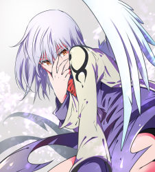 Rule 34 | 1girl, absurdres, closed mouth, collared shirt, covering own mouth, dress, feathered wings, hair between eyes, hand on own face, highres, ichizen (o tori), jacket, kishin sagume, long sleeves, on floor, one-hour drawing challenge, orange eyes, purple dress, shirt, short hair, single wing, solo, thighs, touhou, white hair, white jacket, white wings, wings
