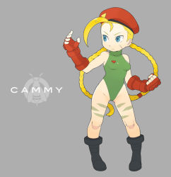 Rule 34 | 1990s (style), 1girl, bad id, bad pixiv id, blonde hair, blue eyes, boots, braid, cammy white, capcom, chiyomaru, female focus, fingerless gloves, full body, gloves, hat, leotard, long hair, retro artstyle, scar, simple background, solo, street fighter, street fighter ii (series), twin braids