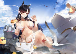 Rule 34 | 1girl, absurdres, animal ears, atago (azur lane), atago (summer march) (azur lane), atago (summer march) (azur lane), azur lane, beach umbrella, bikini, bird, black hair, blue sky, breasts, character name, choker, cleavage, cloud, extra ears, female focus, flower, gulu qaq, hair flower, hair ornament, halterneck, highres, large breasts, long hair, looking at viewer, lotion, manjuu (azur lane), mole, mole under eye, official alternate costume, pink flower, pouring, pouring onto self, ribbon, sarong, seagull, side-tie bikini bottom, sky, smile, solo, starfish, summer, sunglasses, sunscreen, swimsuit, turret, umbrella, white bag, white bikini, white choker, white ribbon, white sarong, white umbrella
