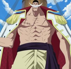Rule 34 | 1boy, abs, blue sky, edward newgate, facial hair, grin, highres, holding, holding weapon, large pectorals, looking at viewer, muscular, mustache, naginata, old, old man, one piece, pectorals, pirate, polearm, scar, scar on chest, screencap, sky, smile, standing, third-party edit, weapon, white beard, white hair
