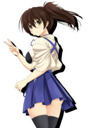 Rule 34 | 1girl, ass, black thighhighs, breasts, brown eyes, brown hair, commentary request, from behind, hair between eyes, highres, japanese clothes, kaga (kancolle), kantai collection, large breasts, long hair, long sleeves, looking at viewer, looking back, muneate, rappa (rappaya), shadow, shiny skin, side ponytail, sketch, skirt, thighhighs, v, white background, wide sleeves, zettai ryouiki
