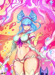 Rule 34 | 1girl, absurdres, aqua hair, babydoll, blue hair, blush, bra, breasts, cleavage, curvy, elbow gloves, covered erect nipples, female focus, girl (anime expo), gloves, highres, kami-sama (girl), large breasts, lingerie, long hair, looking at viewer, me!me!me!, navel, nightgown, panties, purple eyes, short twintails, solo, standing, thick thighs, thighhighs, thighs, twintails, underwear, wand, wide hips, yellow gloves