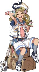 Rule 34 | 1girl, ^ ^, anchor symbol, arm behind head, arm up, armpits, artist request, belt, beret, blonde hair, blue sailor collar, blush, box, buttons, candy, child, closed eyes, collarbone, cuffs, female focus, flat chest, flower, food, full body, grey socks, hair flower, hair ornament, hammer, hand up, handcuffs, happy, hat, highres, holding, holding food, kneehighs, lassie (world flipper), long hair, neckerchief, non-web source, official art, on box, open mouth, pink flower, pink neckerchief, pleated shorts, pocket, sailor collar, scrunchie, shirt, shoes, shorts, sidelocks, simple background, sitting, sleeveless, sleeveless shirt, smile, socks, solo, teeth, transparent background, twintails, undershirt, whistle, whistle around neck, white footwear, white hat, white shirt, white shorts, wooden box, world flipper, wrist scrunchie