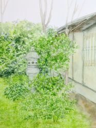 Rule 34 | building, bush, fern, grass, highres, house, no humans, original, painting (medium), scenery, stone lantern, traditional media, tree, watercolor (medium), yamaji nao