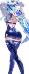 Rule 34 | 1girl, arms up, ass, ass focus, back, back cutout, belt, blue bodysuit, blue hair, blue thighhighs, bodysuit, clothing cutout, detached sleeves, eula (genshin impact), facing away, feet out of frame, from behind, genshin impact, gloves, highres, holding, holding sword, holding weapon, multiple belts, skindentation, solo, sword, thigh strap, thighhighs, thighs, uenoryoma, weapon