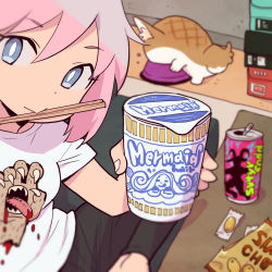 Rule 34 | 1girl, animal, black pants, blue eyes, bright pupils, can, character request, chopsticks, commentary request, copyright request, hair between eyes, highres, holding, indoors, looking at viewer, mago, mouth hold, pants, pink hair, shirt, short hair, short sleeves, white pupils, white shirt