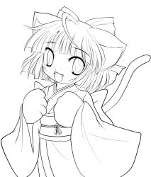 Rule 34 | 1girl, absurdres, animal ears, animal hands, bow, cat ears, cat tail, greyscale, hair bow, highres, japanese clothes, kimono, lineart, monochrome, open mouth, original, smile, solo, tail, transparent background, yume shokunin