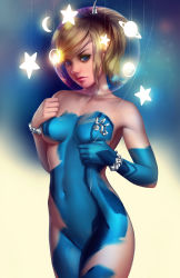Rule 34 | 1girl, absurdres, adapted costume, blonde hair, blue eyes, bodypaint, bracelet, breasts, bubble, closed mouth, collarbone, cowboy shot, eyelashes, female focus, flower, gradient background, head tilt, highres, jewelry, lips, long hair, looking at viewer, metroid, naked paint, navel, nintendo, nose, nude, painted clothes, pasties, pinup (style), ponytail, realistic, samus aran, solo, standing, string, tsuaii, watermark, web address, zero suit