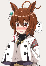 Rule 34 | 1girl, ^^^, agnes tachyon (umamusume), ahoge, aikawa ryou, animal ears, black neckwear, black shirt, blush, brown eyes, brown hair, collared shirt, commentary request, ear piercing, grey background, hair between eyes, hands up, highres, horse ears, lab coat, long sleeves, looking at viewer, nose blush, open clothes, open mouth, piercing, shirt, simple background, sleeves past fingers, sleeves past wrists, solo, sweater vest, translation request, umamusume, upper body