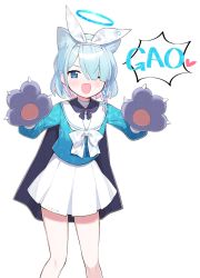 Rule 34 | 1girl, ;d, animal ear fluff, animal ears, animal hands, arona (blue archive), billbung, black cape, blue archive, blue eyes, blue hair, blue shirt, blush, braid, cape, cat ears, choker, colored inner hair, commentary, fang, gao, gloves, hair over one eye, hairband, halo, heart, kemonomimi mode, light blue hair, long sleeves, looking at viewer, multicolored hair, one eye closed, open mouth, paw gloves, pink hair, puffy long sleeves, puffy sleeves, sailor collar, shirt, short hair, side braid, simple background, skirt, smile, solo, two-tone hair, white background, white choker, white hairband, white sailor collar, white skirt