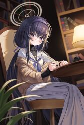 Rule 34 | 1girl, absurdres, black hair, blue archive, blue neckerchief, brown cardigan, cardigan, chair, glasses, halo, highres, holding, holding quill, jewelry, lamp, long hair, long skirt, long sleeves, neckerchief, nyanbutter, pendant, pleated skirt, purple eyes, quill, round eyewear, sailor collar, sitting, skirt, solo, ui (blue archive), white sailor collar, white skirt