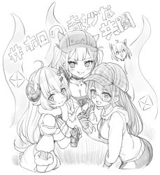 Rule 34 | 4girls, animal ears, blush, breasts, camera, cleavage, commentary request, fox ears, glasses, greyscale, hair between eyes, hat, highres, hololive, horns, long hair, monochrome, multiple girls, nosir onadat, open mouth, roboco-san, roboco-san (hoodie), shirakami fubuki, short hair, smile, tokoyami towa, translation request, tsunomaki watame, tsunomaki watame (1st costume), twintails, virtual youtuber