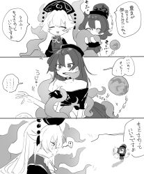 Rule 34 | 2girls, 3koma, :d, ayahi 4, bare shoulders, black choker, black dress, blush, bow, bowtie, chain, check translation, chinese clothes, choker, closed eyes, comic, commentary, crescent, dress, energy, greyscale, hair between eyes, hecatia lapislazuli, highres, junko (touhou), long hair, looking at another, medium hair, monochrome, multiple girls, multiple tails, off-shoulder shirt, off shoulder, open mouth, phoenix crown, shirt, simple background, skirt, smile, t-shirt, tabard, tail, touhou, translation request, white background, yuri