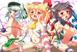 Rule 34 | 3boys, 3girls, ahoge, animal ears, ass, asymmetrical wings, back, bare shoulders, black hair, blonde hair, blush, bow, bow panties, breasts, chestnut mouth, clothes lift, clothes pull, clothing aside, cowgirl position, cum, cum in pussy, fang, flandre scarlet, flat chest, girl on top, green eyes, group sex, hat, houjuu nue, komeiji koishi, looking back, multiple boys, multiple girls, nipples, open clothes, open mouth, open shirt, orange eyes, orgy, panties, panties aside, penis, pussy, red eyes, reverse cowgirl position, sex, sex from behind, shirt, shirt lift, shirt pull, side-tie panties, skirt, skirt lift, snake, straddling, striped clothes, striped legwear, striped thighhighs, sushoyushi, tail, testicles, thighhighs, third eye, touhou, uncensored, underwear, vaginal, white hair, wings