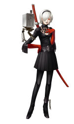 Rule 34 | 1girl, absurdres, adapted costume, ankle cuffs, belt, black dress, chain, contrapposto, dress, full body, gloves, hair over one eye, hairband, hand on own hip, hand on own chest, high heels, highres, katana, kazuma kaneko (style), looking at viewer, nier (series), nier:automata, parody, pod (nier:automata), red eyes, red gloves, style parody, sword, user rukn3744, weapon, weapon on back, white background, white hair, 2b (nier:automata)