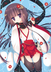Rule 34 | 10s, 1girl, afloat, black thighhighs, breasts, brown eyes, brown hair, cleavage, demon horns, flower, flower on head, hair flower, hair ornament, hakama, hakama short skirt, hakama skirt, horns, inu x boku ss, japanese clothes, long hair, looking at viewer, lying, oni, pleated skirt, scarf, shirakiin ririchiyo, skirt, small breasts, solo, sumii, thighhighs, wide sleeves
