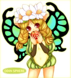 Rule 34 | 1girl, apple, bad id, bad pixiv id, blonde hair, braid, copyright name, fairy, flower, food, fruit, holding, holding food, holding fruit, kannagi kaname, mercedes (odin sphere), odin sphere, pointy ears, puff and slash sleeves, puffy sleeves, red eyes, solo, twin braids, wings