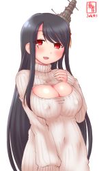 Rule 34 | 10s, 1girl, 2016, alternate costume, black hair, breasts, cleavage cutout, clothing cutout, commentary request, covered erect nipples, dated, fusou (kancolle), hair ornament, highres, kanon (kurogane knights), kantai collection, large breasts, long hair, looking at viewer, meme attire, open-chest sweater, open mouth, red eyes, simple background, solo, sweater, watermark, white background