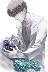Rule 34 | 1boy, 1other, barbata, blue gemstone, brown hair, collared shirt, facial hair, gem, gloves, goatee, grey shirt, highres, houseki no kuni, lab coat, lapis lazuli (gemstone), long sleeves, looking at another, phosphophyllite, phosphophyllite (gemstone), phosphophyllite (ll), shards, shirt, sideburns, simple background, solo focus, sparkle, spoilers, upper body, white background, white gloves, zakirsiz