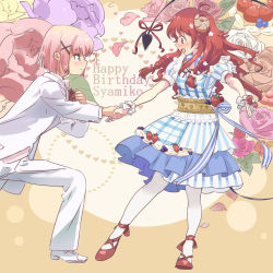 Rule 34 | 2girls, ahoge, alternate hairstyle, blue eyes, blush, bow, brown eyes, cake, character name, chiyoda momo, demon girl, demon horns, demon tail, dress, flower, food, formal, fruit, hair flower, hair ornament, happy birthday, heart, high heels, holding hands, horns, long hair, looking at another, machikado mazoku, multiple girls, open mouth, petals, pink hair, red hair, shoes, short hair, simple background, sparkle, strawberry, suit, tail, tail bow, tail ornament, wrist cuffs, x hair ornament, yoshida yuuko (machikado mazoku), yuri