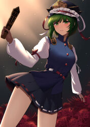 Rule 34 | 1girl, absurdres, black skirt, blue vest, blush, commentary, epaulettes, frilled hat, frills, green eyes, green hair, hat, highres, holding, juliet sleeves, keenii (kenny86), long sleeves, looking at viewer, parted lips, puffy sleeves, ribbon-trimmed skirt, ribbon trim, rod of remorse, shiki eiki, skirt, solo, touhou, vest