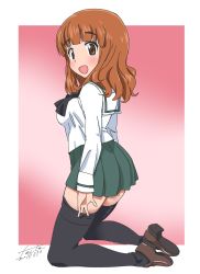 Rule 34 | 1girl, :d, artist name, black neckerchief, black thighhighs, blouse, blunt bangs, brown footwear, commentary, dated, fanta (the banana pistols), from side, girls und panzer, green skirt, highres, kneeling, loafers, long hair, long sleeves, looking at viewer, looking back, miniskirt, neckerchief, ooarai school uniform, open mouth, orange eyes, orange hair, pleated skirt, school uniform, serafuku, shirt, shoes, signature, skirt, smile, solo, takebe saori, thighhighs, white shirt
