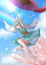 Rule 34 | 1girl, adapted costume, barefoot, blue eyes, blue hair, blue kimono, blue skirt, blue sky, cherry blossoms, cloud, commentary request, full body, heterochromia, highres, holding, holding umbrella, japanese clothes, karakasa obake, kimono, kyabekko, light particles, long sleeves, looking at viewer, oil-paper umbrella, open mouth, outdoors, purple umbrella, red eyes, sash, short hair, skirt, sky, solo, tatara kogasa, teeth, tongue, touhou, umbrella, upper teeth only, variant set, wide sleeves