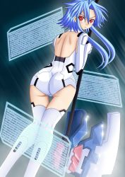 Rule 34 | 10s, 1girl, absurdres, artemisumi, ass, axe, back, bare shoulders, blanc (neptunia), blue hair, blush, bodysuit, elbow gloves, female focus, from behind, gloves, highres, looking at viewer, looking back, neptune (series), red eyes, short hair with long locks, sidelocks, smile, solo, symbol-shaped pupils, thighhighs, turning head, weapon, white heart (neptunia), white thighhighs