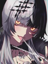 Rule 34 | 1girl, belt, black belt, black choker, black hair, black nails, chest belt, choker, commentary, fingernails, fur trim, grey hair, hair ornament, highres, holding, holding scissors, hololive, hololive english, jewelry, lace, lace choker, light blush, long fingernails, long hair, looking at viewer, multicolored hair, nail polish, open mouth, pendant choker, portrait, reon (98109reon), ring, scissors, shiori novella, shiori novella (1st costume), solo, split-color hair, symbol-only commentary, tongue, tongue out, two-tone hair, virtual youtuber, yellow eyes