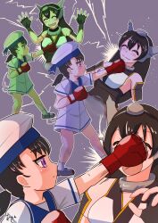 Rule 34 | 2girls, akashieru, black hair, blue sailor collar, boxing gloves, closed eyes, dress, hat, headgear, highres, in the face, kantai collection, multiple girls, multiple views, nagato (kancolle), one-hour drawing challenge, punching, purple eyes, sailor collar, sailor dress, sailor hat, short hair, short sleeves, shounan (kancolle), smile, standing, twintails, upper body, white dress, white headwear