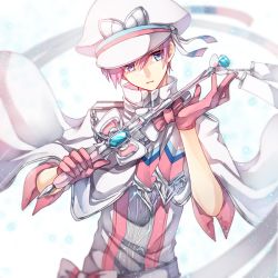 Rule 34 | 1boy, blue eyes, bow, bowtie, cape, creatures (company), game freak, gen 6 pokemon, gloves, hat, kasuka108, looking at viewer, male focus, nintendo, personification, pink bow, pink bowtie, pink gloves, pink hair, pokemon, solo, standing, sylveon, upper body, wand, white cape, white hair