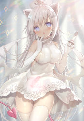 Rule 34 | 1girl, animal ear fluff, animal ears, blue eyes, blurry, blurry background, blush, breasts, cat ears, commentary request, demon girl, demon tail, demon wings, depth of field, dress, elbow gloves, glint, gloves, groin, highres, holding, holding syringe, large breasts, long hair, looking at viewer, original, parted lips, pubic tattoo, see-through, sleeveless, sleeveless dress, solo, sparkle, star (symbol), star in eye, symbol in eye, syringe, tail, tattoo, thighhighs, very long hair, white dress, white gloves, white hair, white thighhighs, white wings, wings, yano mitsuki (nanairo)