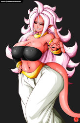 Rule 34 | &gt;:d, 1girl, :d, ahoge, android 21, baggy pants, bandeau, black nails, black sclera, bracelet, breasts, cleavage, colored sclera, colored skin, dragon ball, dragon ball fighterz, earrings, covered erect nipples, harem pants, hoop earrings, jewelry, large breasts, long hair, looking at viewer, majin android 21, nail polish, navel, open mouth, pants, pink skin, pointy ears, red eyes, smile, solo, strapless, tail, tube top, v-shaped eyebrows, very long hair, white hair, witchking00