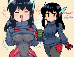 Rule 34 | +++, 1girl, :3, :d, aran sweater, asta rindo (rariatto), black bodysuit, black eyes, black hair, blush, blush stickers, bodysuit, breasts, cable knit, closed mouth, clothes lift, commentary, covered erect nipples, covered navel, cup, english commentary, english text, gloves, grey sweater, highres, holding, holding cup, large breasts, lifting own clothes, long sleeves, looking at viewer, mixed-language commentary, multiple views, open mouth, original, projected inset, rariatto (ganguri), red gloves, ribbed sweater, robot ears, smile, standing, steam, sweater, sweater lift