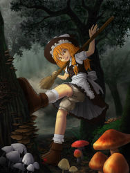 Rule 34 | 1girl, apron, black hat, black skirt, black vest, blonde hair, bloomers, boots, bow, braid, broom, brown footwear, commentary request, forest, frilled apron, frills, full body, grin, hair bow, hat, highres, holding, holding broom, kirisame marisa, leaf, long hair, looking at viewer, moss, mushroom, nature, puffy short sleeves, puffy sleeves, shirt, short sleeves, side braid, single braid, skirt, smile, solo, touhou, tree, underwear, vest, waist apron, white apron, white bow, white shirt, witch hat, yellow eyes, yukiman