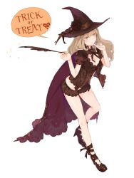 Rule 34 | 1girl, brown eyes, brown hair, cape, english text, feathers, haimura kiyotaka, halloween, hat, highres, long hair, original, quill, simple background, solo, white background, witch, witch hat