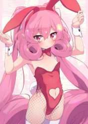Rule 34 | 1girl, animal ears, arms up, blush, bow, bowtie, breasts, closed mouth, clothing cutout, cowboy shot, detached collar, elf, fake animal ears, fake tail, fishnet pantyhose, fishnets, hair between eyes, hairband, heart cutout, highres, leotard, long hair, looking at viewer, navel, neneka (princess connect!), pantyhose, pink background, pink bow, pink bowtie, pink eyes, pink hair, pink hairband, pink leotard, playboy bunny, pointy ears, princess connect!, rabbit ears, rabbit tail, raised eyebrows, sidelocks, small breasts, solo, stomach cutout, sw (taco), tail, thighhighs, thighhighs over pantyhose, twintails, very long hair, white thighhighs, wrist cuffs