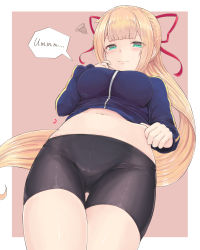 Rule 34 | 1girl, ^^^, absurdres, aqua eyes, bike shorts, black shorts, blonde hair, blue jacket, blush, breasts, cowboy shot, eyes visible through hair, from below, gluteal fold, hair ribbon, hand on own cheek, hand on own face, highres, jacket, large breasts, light frown, long hair, long sleeves, looking down, navel, original, ponytail, purple background, red ribbon, ribbon, shorts, simple background, single vertical stripe, solo, speech bubble, squiggle, stomach, temari rin, thigh gap, very long hair, wavy mouth, weight conscious