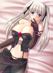Rule 34 | 1girl, bare shoulders, bed, blue eyes, blush, breasts, cleavage, elbow gloves, garter belt, gloves, hand over mouth, hand to own mouth, highres, huge breasts, kafu (logaemon), lying, mabinogi, midriff, nao (mabinogi), navel, see-through, solo, twintails, white hair