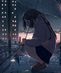 Rule 34 | 1girl, artist name, arttsam, black footwear, black hair, black skirt, brown eyes, cityscape, cloud, commentary, covered mouth, deviantart username, english commentary, flower, from side, full body, grey hoodie, hair ornament, hairclip, highres, holding, holding umbrella, hood, hoodie, long hair, mask, mouth mask, original, outdoors, pink sky, rain, ripples, school uniform, shoes, skirt, sky, solo, squatting, sunset, swept bangs, umbrella, wet, wet clothes, wet hair