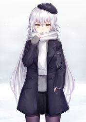 Rule 34 | 1girl, bag, beret, black coat, black hat, black skirt, blush, breath, brown eyes, brown pantyhose, coat, commentary request, cowboy shot, fate/grand order, fate (series), fringe trim, gradient background, grey background, grey sweater, hair between eyes, hand in pocket, hand up, handbag, hat, highres, jeanne d&#039;arc (fate), jeanne d&#039;arc alter (avenger) (fate), jeanne d&#039;arc alter (fate), long hair, long sleeves, open clothes, open coat, pantyhose, parted lips, revision, scarf, seungju lee, silver hair, skirt, sleeves past wrists, snow, solo, standing, sweater, tilted headwear, very long hair, white scarf