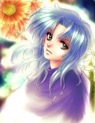 Rule 34 | 1990s (style), 1boy, 1girl, androgynous, blue hair, blush, chrono (series), chrono trigger, flower, green eyes, head tilt, janus zeal, long hair, looking at viewer, male focus, plant, retro artstyle, robe, schala zeal, solo